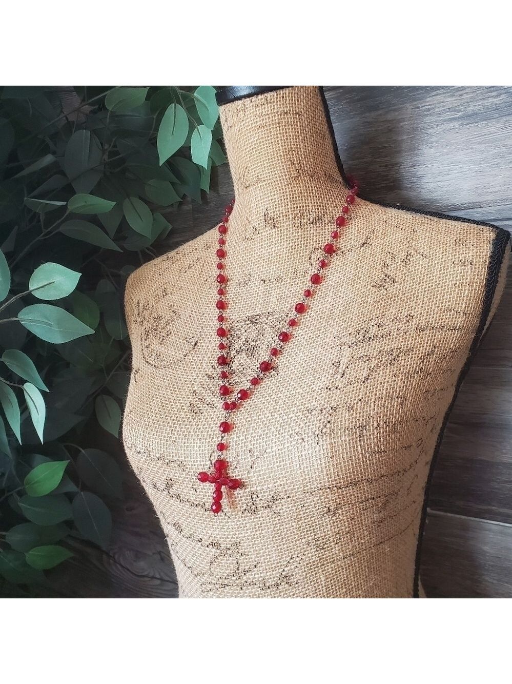 Red Beaded Rosary Prayer Beads Necklace
